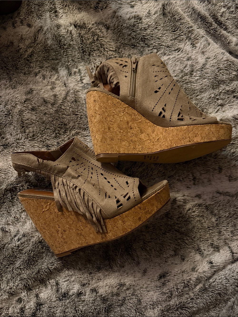Not Rated Taupe Fringe Suede Cork Wedge Sandals